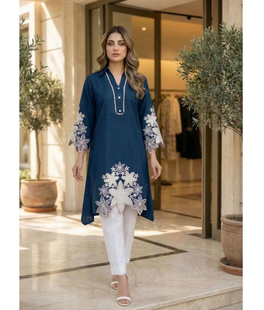 Set Kurti Pant Ricamato A-line da Donna Designer Indiano Bollywood Party Wear Top Tunica Kurti Set con Cordino