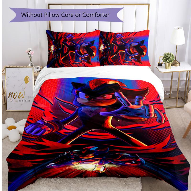 Shadow the Hedgehog Pattern Printed 3PCS Bedding Set, Soft Skin-Friendly Washable Duvet Cover & Pillowcases Set