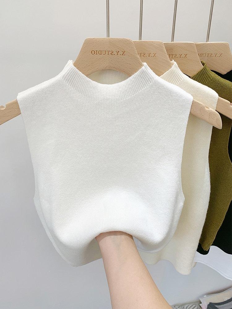 Semi-turtleneck Knitted Suspender Small Vest Women's Early Autumn Spring Suit with Bottoming Shirt Inside, Sleeveless Outer Wear Short Sweater Winter