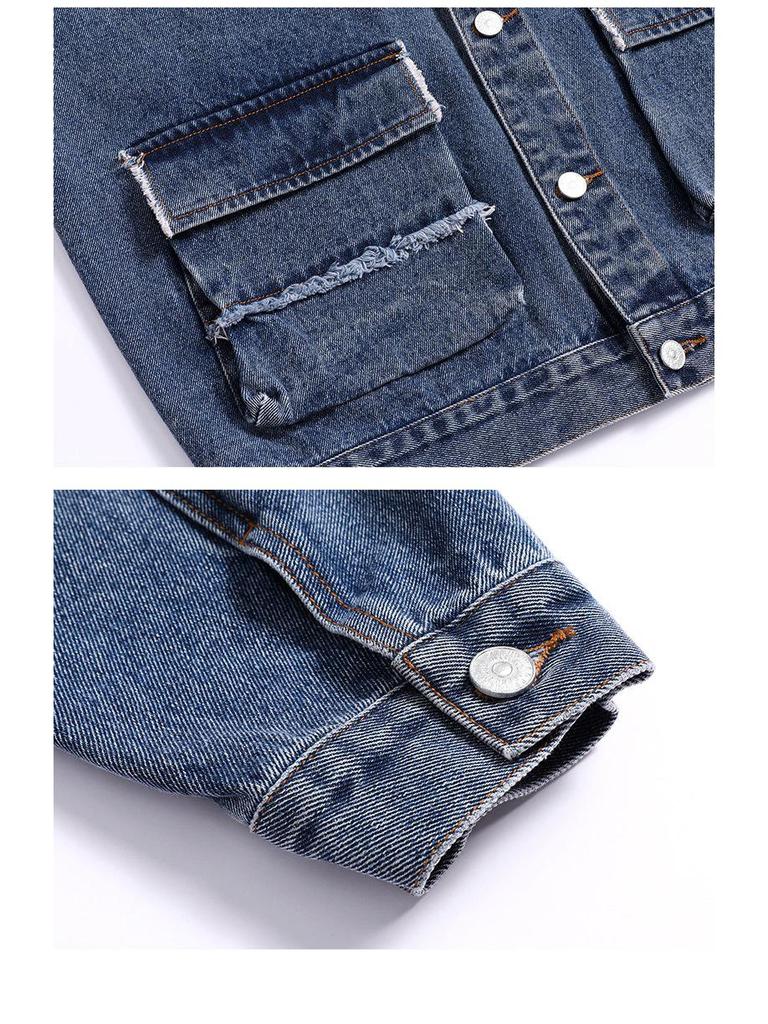 Men's American Heavyweight Raw Edge Washed Denim Jacket - Retro Workwear Style, Loose Fit