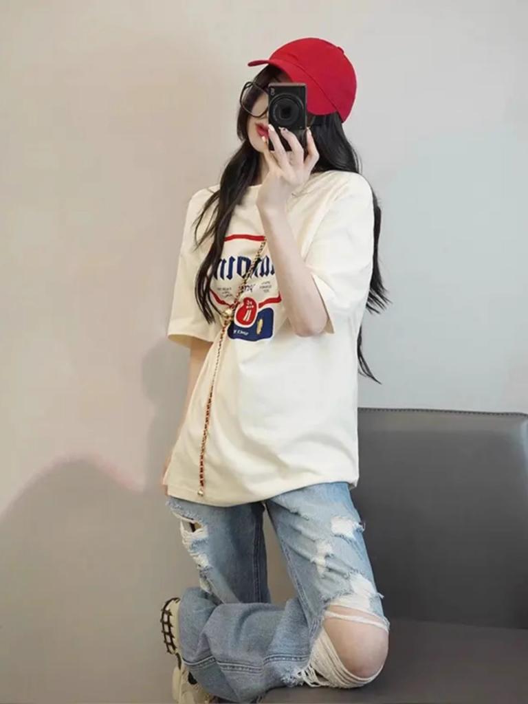 American Vintage Short Sleeve Pure Cotton T-Shirt Women's Summer Loose Plus Size Trendy Leisure Printed Casual Round Neck Top
