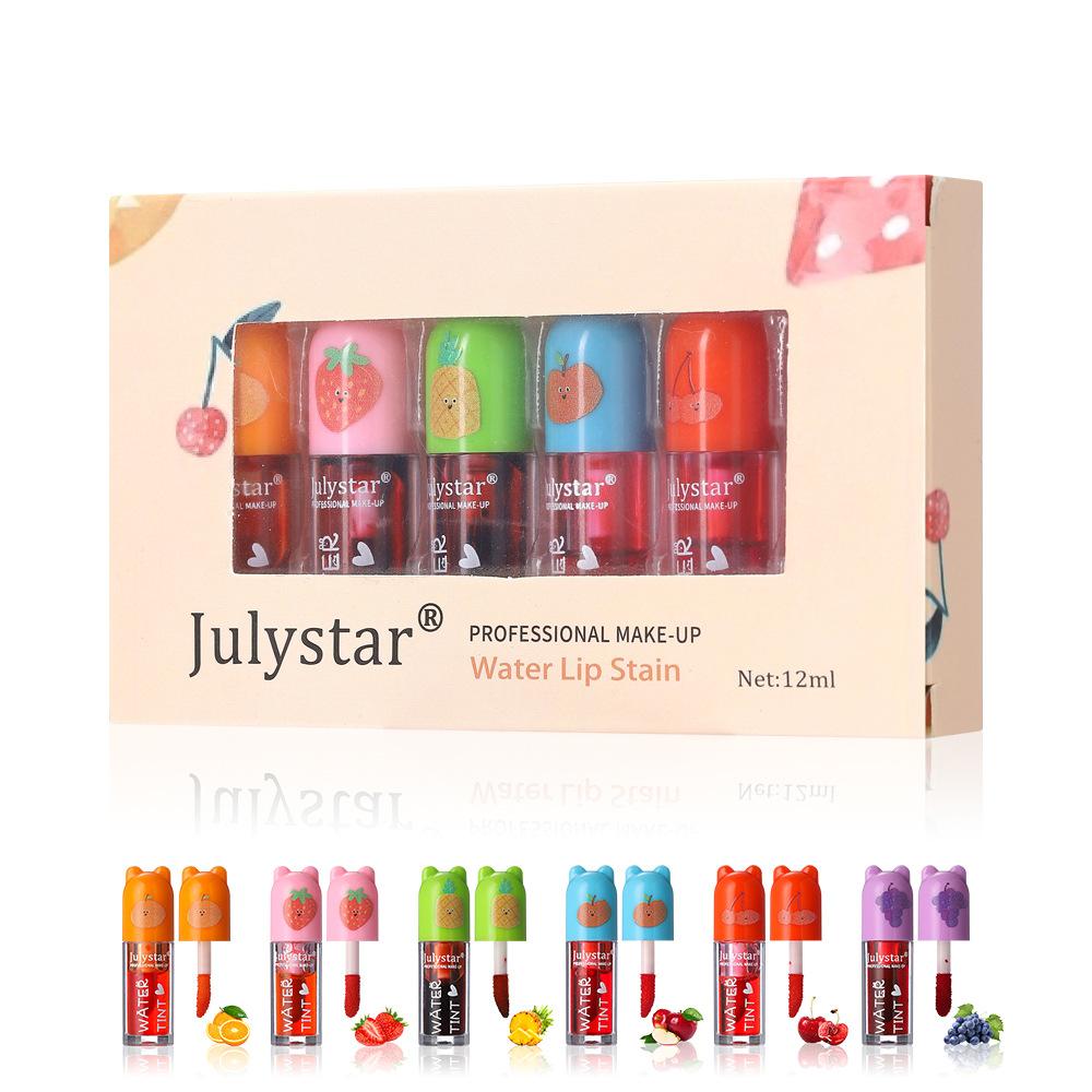 Julystar 6Pcs Lip Stain Set - Cute Bear Fruit Flavored Lip Tint Liquid Lip Gloss Kit, Long Lasting Waterproof Moisturizing Makeup Gift Set