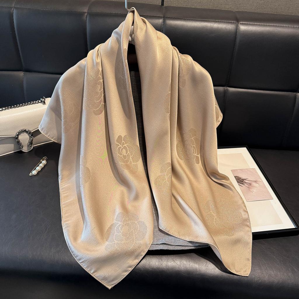 Fashion White-Collar Spring And Autumn Thin Imitation Silk Camellia High-End Silk Scarf Scarf Female Gift Retro Tencel Cotton Headscarf