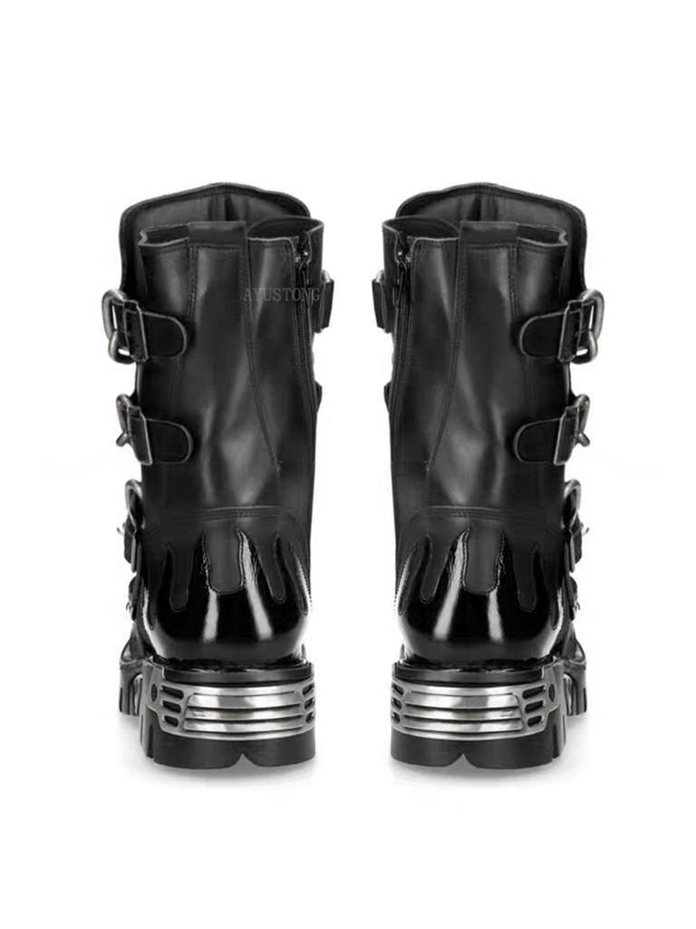 Fashion New Men's Punk Motorcycle Boots Metal Thick Heel Goth Skull Buckle Mid- Calf Combat Boots Zipper Round Toe Women Western Boots