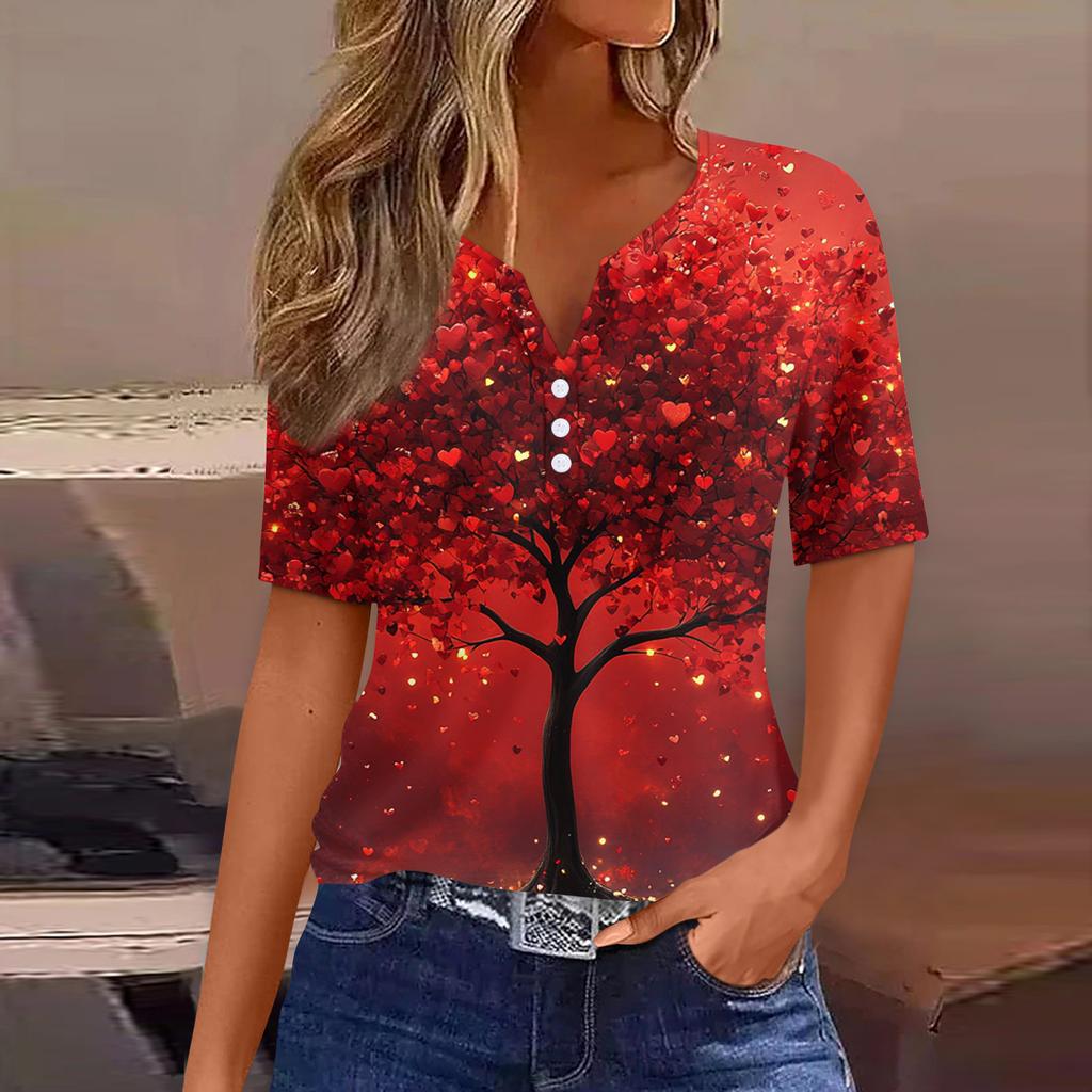 Damen T-Shirt Tee Print Knopf Kurzarm Täglich Wochenende Mode Basic V-Ausschnitt Regulär Oberteil Valentinstag