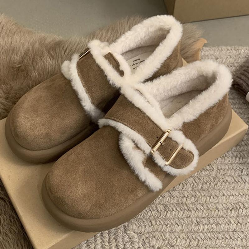 Fur Flats Women Loafers Shoes Suede Platform Buckle Casual Shoes Short Plush Boots 2024 Trend Winter Warm Cozy Zapatillas Ladies