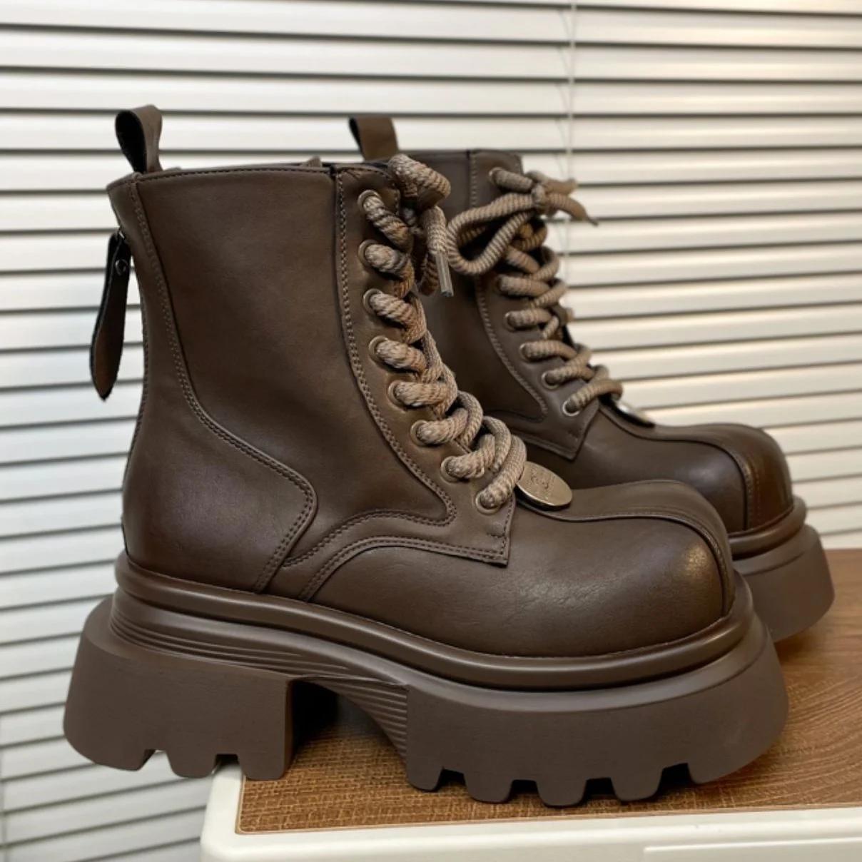 

Fashion 2025 Winter New Thick-Soled Chelsea Boots Black/brown Square Toe Platform Lace-Up Ankle Boots Fashion Breathable Punk Style Boot 34