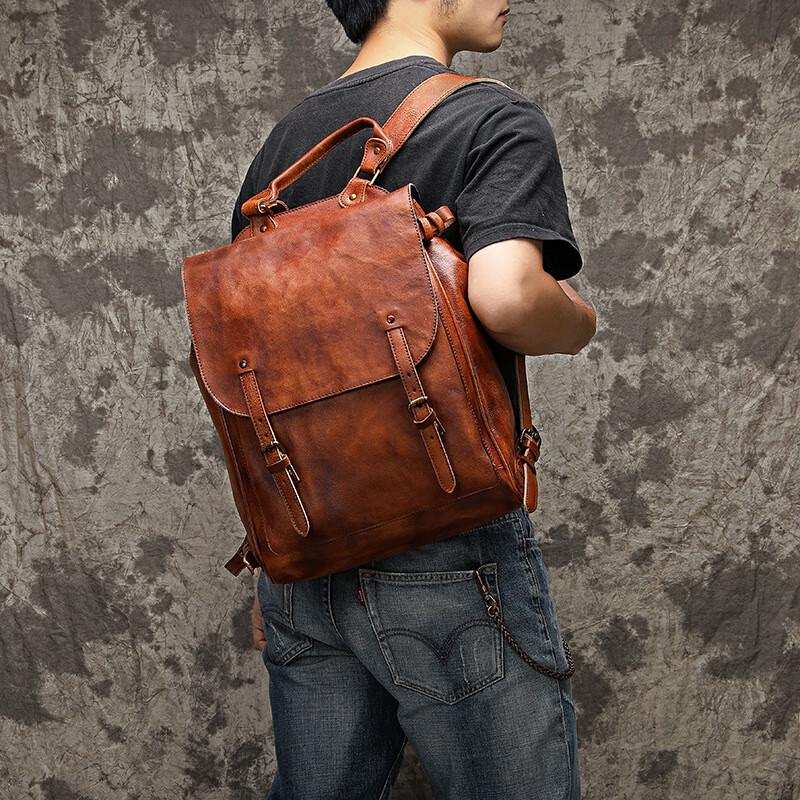 OEING Unisex Vegetable-Tanned Leather Casual Travel Backpack