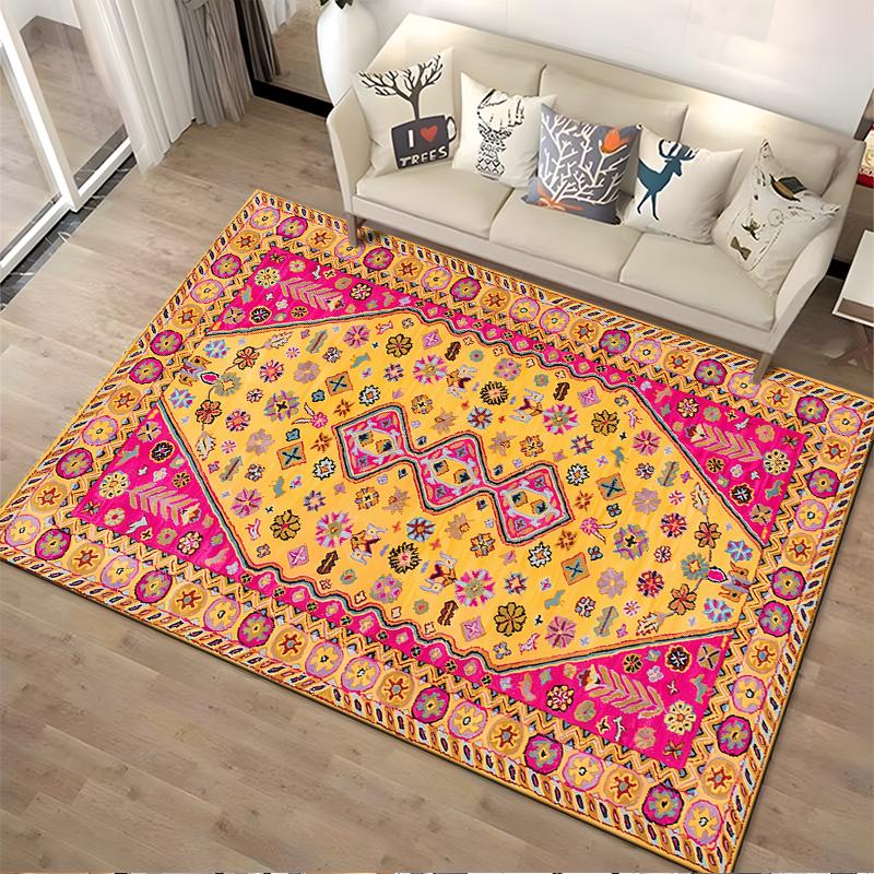 Colorful Bohemian Abstract Floral Carpet with Yellow and Pink Design Suitable for use as an anti-slip for living room bedroom sofas