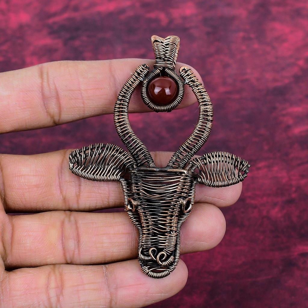 Carnelian Gemstone Pendant Copper Wire Wrapped Cow Face Pendant Handmade Jewelry