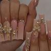 24pcs Luxury Extra Long Rectangular Fake Nails, Decorated With 3D Golden Butterfly & Rhinestone, Full Coverage, For Women Girls Nail Supplies