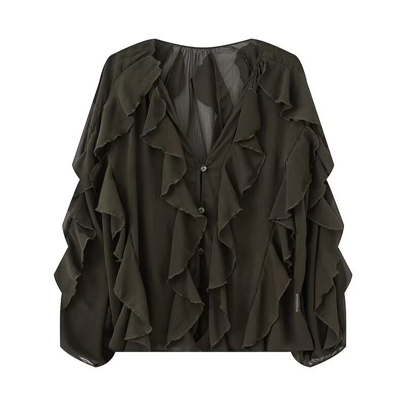 Womens V-Neck Layered Ruffle Pleated Blouse Loose Fit Street Style Long Sleeve Shirt In Solid Colors