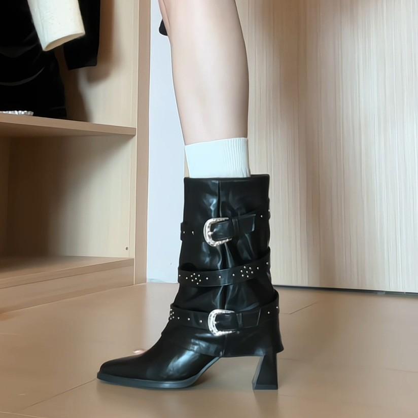 Cowhide Version Retro Rivet Belt Buckle Square Head Thick Heel Short Boots Korean Version Personalized Single Boots Pant Tube Boots Women's High Heel 