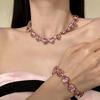 Silver Needle Heart Stud Earrings and Necklace Set with Inlaid Diamonds - Elegant Court Style Accessory for Women