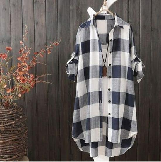 Women's Plaid Cotton Linen Shirt - Spring/Autumn, Mid-Length, Loose, Slimming, Casual Sun Protection Outwear