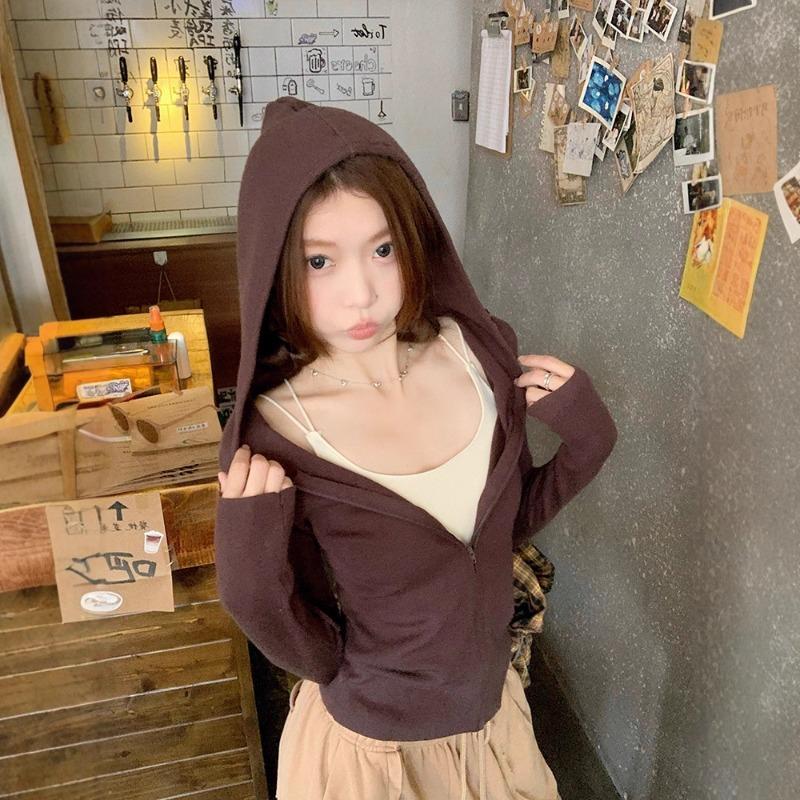 New hooded knitted cardigan jacket women's waist pinch thin slim short top