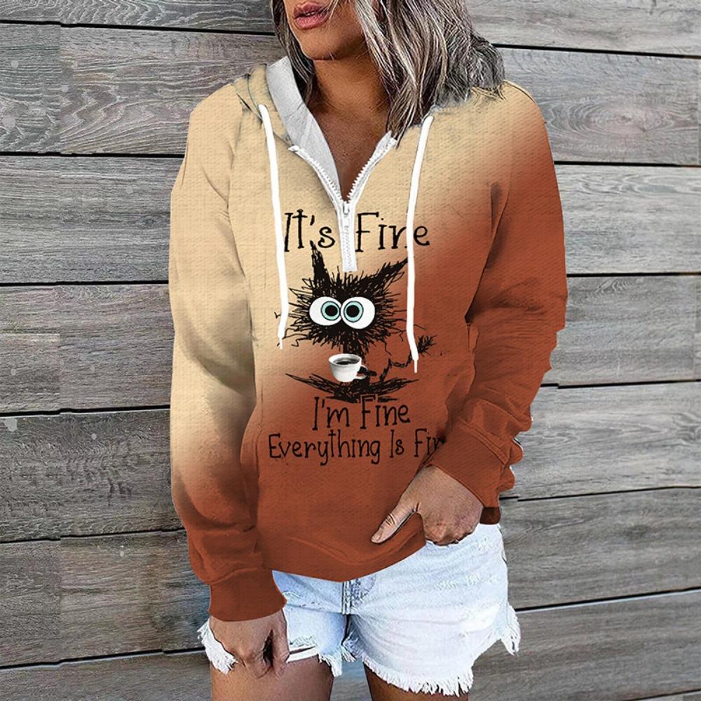 Women Plus Size Pullover Hoodie Long Sleeve Round Neck Cute Cat Cartoon Printed Sweatshirt