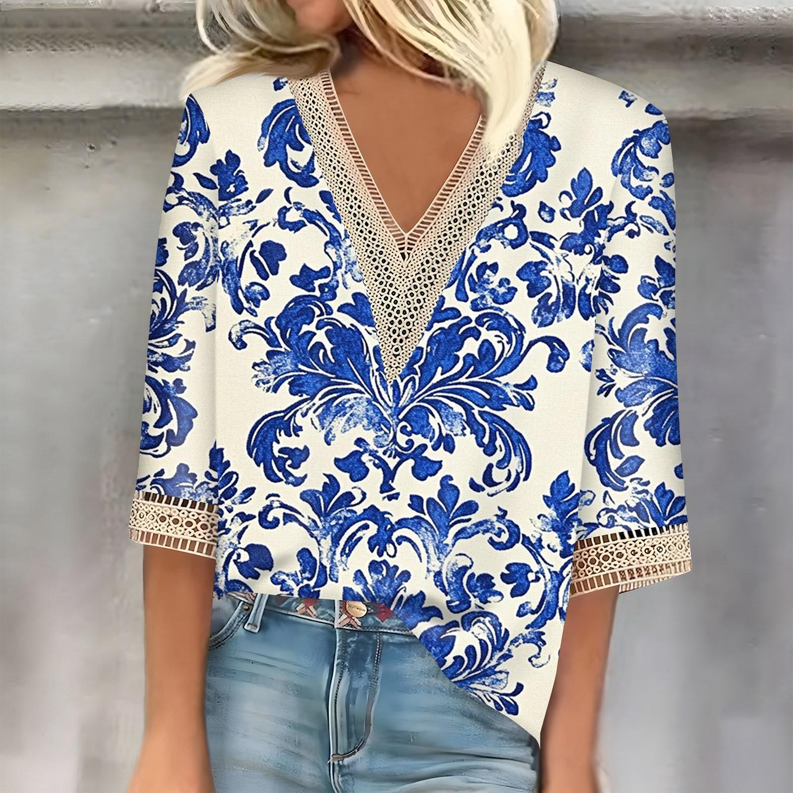 

Женский кружевной топ с винтажным принтом и рукавами три четверти XL небесно-голубой