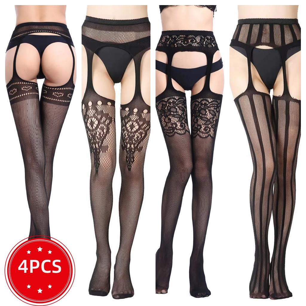 SIMPLEJEWEL 1pcs/4pcs Pantyhose Fishnet Sexy Thigh-High Stockings Tights Suspender Stockings for Women Garter Belt Stocking