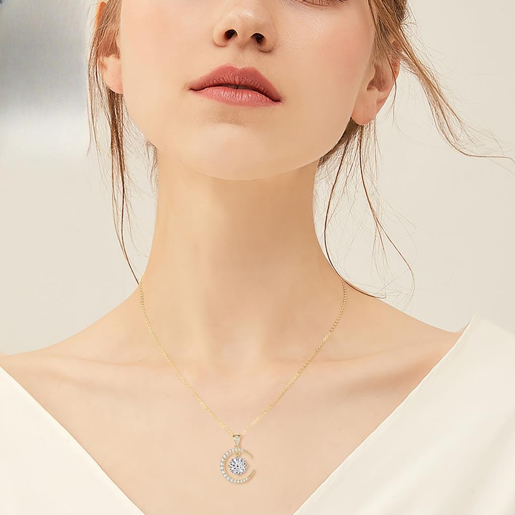 Moissanite Main Stone, Sterling Silver Ladies Pendant Necklace,Moon Sun Element Round Moissanite Pendant Fashion Holiday Gift Jewelry Anniversary Gift