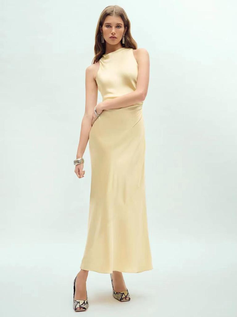 Spring Summer Sexy Halter Long Dress - European & American Style, Slim Fit, Solid Color, Sleeveless for Women