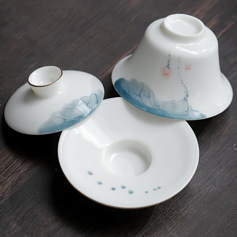 120/140ml Hand-painted Tea Tureen Fat Jade White Porcelain Gaiwan Household Ceramic Tea Infuser Traditional with Cover Teacup