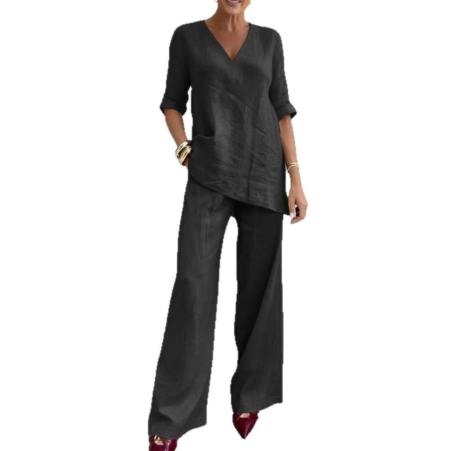 Autumn Women's Casual Cotton Linen Solid Short Sleeve V-Neck Tunic Top