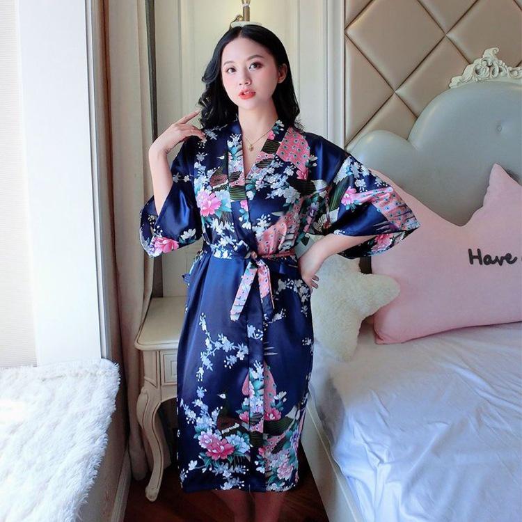 Women's Peacock Print Silk-Feel Short Summer Robe Pajamas