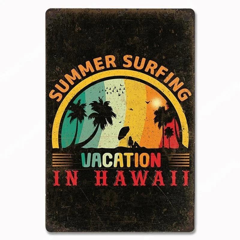Vintage Metal Tin Signs Poster Hawaii Beach Party Poster Surfing Paradise for Beach Bar Cafe Club Home Room Wall Decor