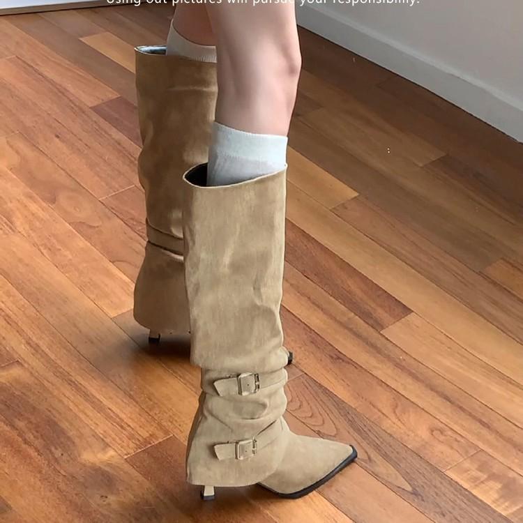 Soft leather version~ retro pointed suede belt buckle but knee trouser boots for women wear removable long stacking boots