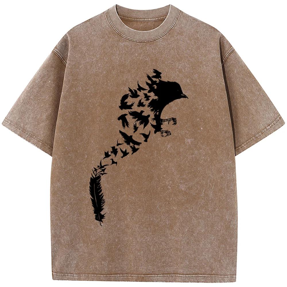 Feather Bird Men's Short-Sleeved T-shirt Washed Old High Quality T-shirt Student Top T-shirts