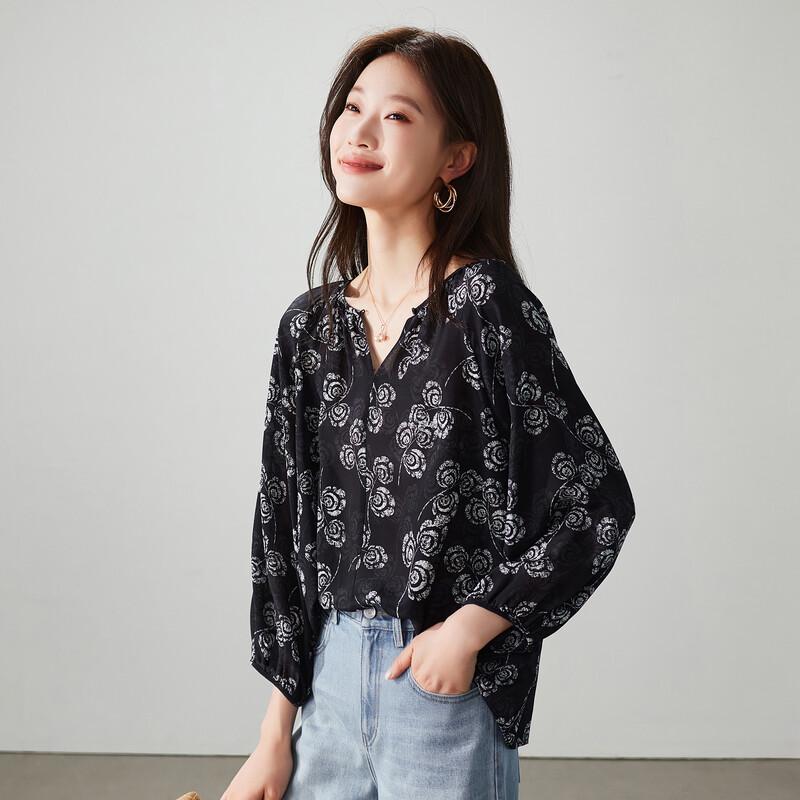 SOFSIL 2026 Spring Elegant Print V-Neck Lantern Sleeve Blouse XL