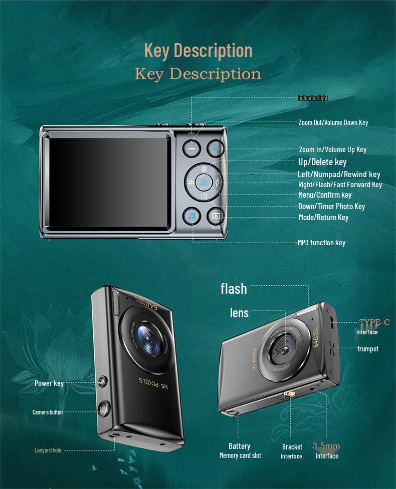 64MP Portable Student Music Vlog Mirrorless Camera for Travel