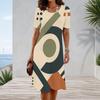 Women Plus Size Round Neck Short Sleeve Printed A Line Flared Hem Navy Blue White Dress