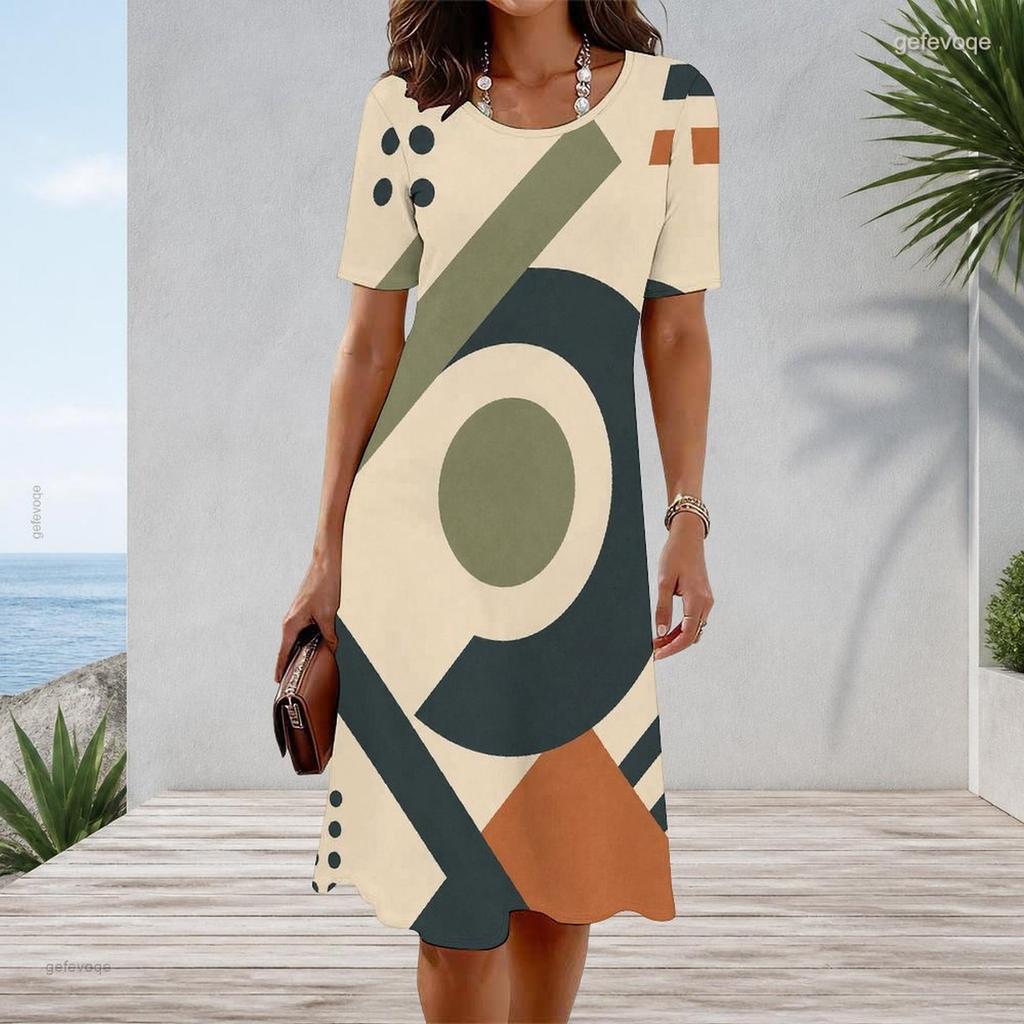Women Plus Size Round Neck Short Sleeve Printed A Line Flared Hem Navy Blue White Dress