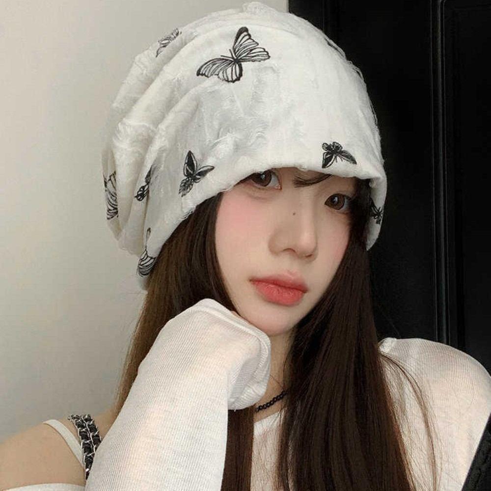 Holes Hair Caps Thin Knitted Hat Fashion Butterfly Print Beanies  Streetwear
