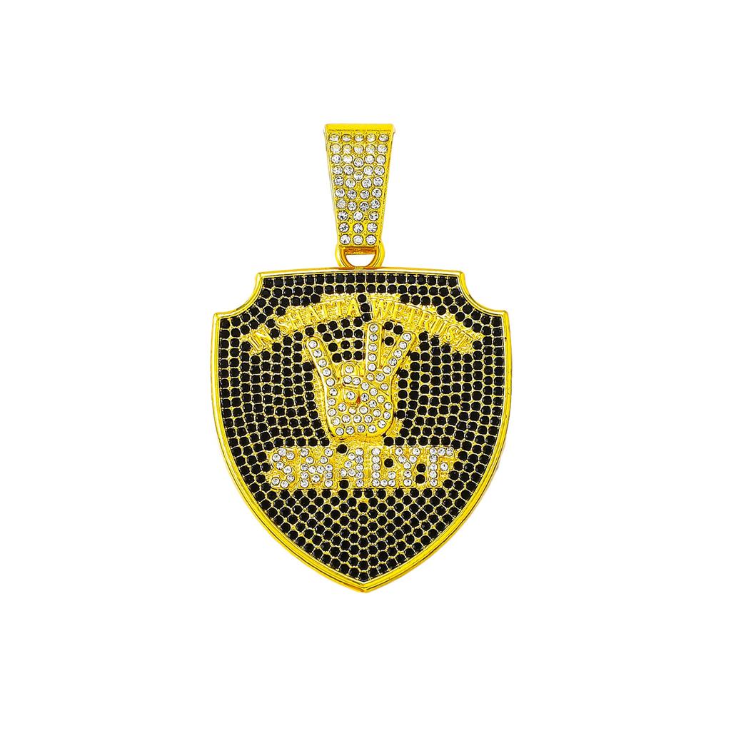 European American Hip Hop Team Full Rhinestone Gesture Shield Pendant, High-end Hiphop Trendsetter Rap Crew Necklace