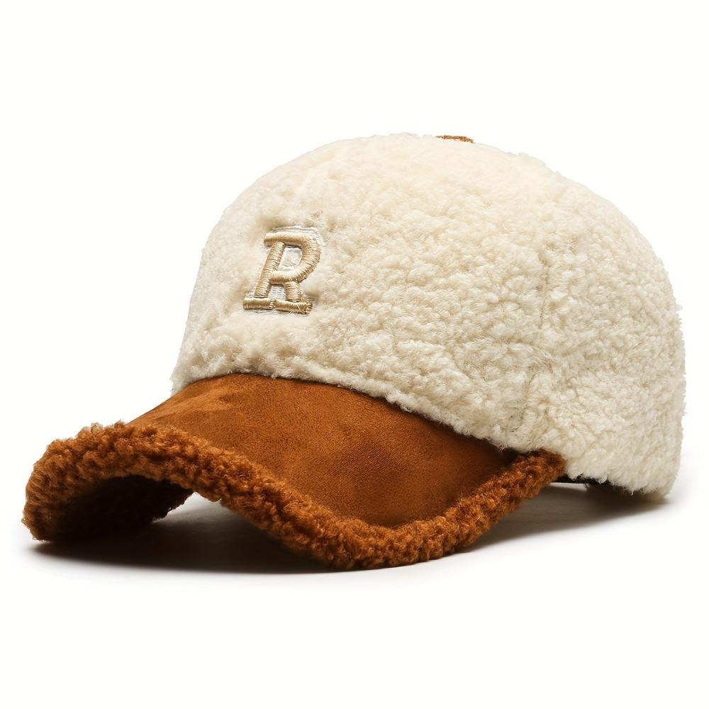 Classic Letter R Embroidery Baseball Cap Color Block Coldproof Warm Dad Hats Plush Adjustable Sun Hat for Women Autumn & Winter