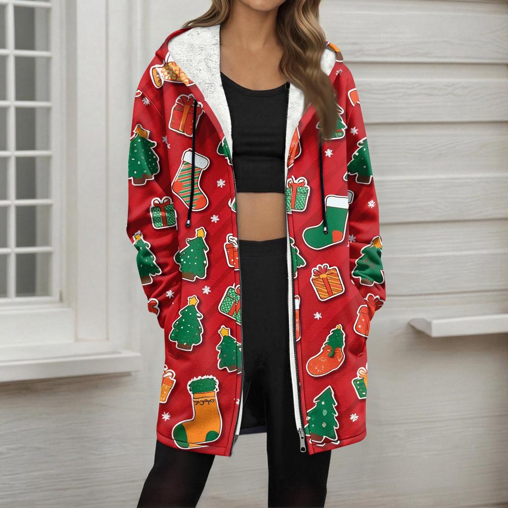 Women's Christmas Printed Fashionable Loose Zipper Fleece Hoodie Jacket