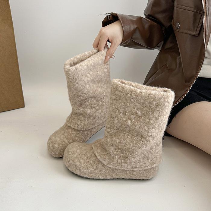 Winter Korean Version Round Head Flat Shoes Velvet Sleeve Cotton Boots Women's Short Boots Warm Snow Boots Women's Non-slip and Waterproof