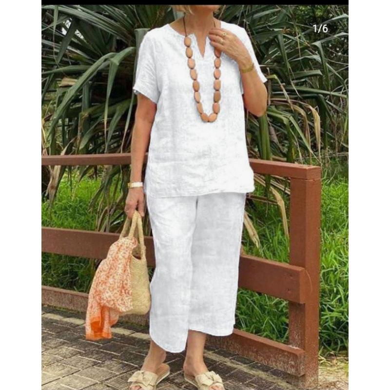 Damen Leinen Kurzarm Top und Weite Hosen Set in Hellgrau, Schwarz und Weinrot