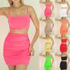 Women Fashion Strap Sleeveless Midriff- Fold Slim Skirt Suit Set