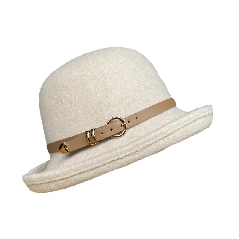 New wool hemming belt buckle dome bucket hat women's autumn and winter versatile British top hat tide