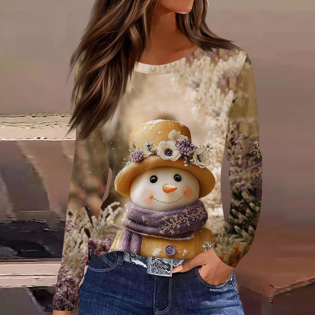 Women's Fashion Casual Slit Hem Round Neck Long Sleeve Loose Printed T-Shirt Ladies Top Christmas