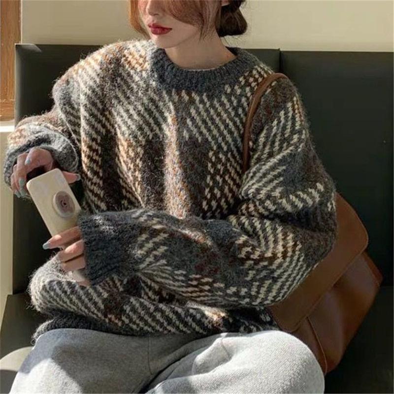 

Верхний вязаный свитер контрастного цвета в стиле ретро, свободный и ленивый толстый свитер для женщин one size fits all красный