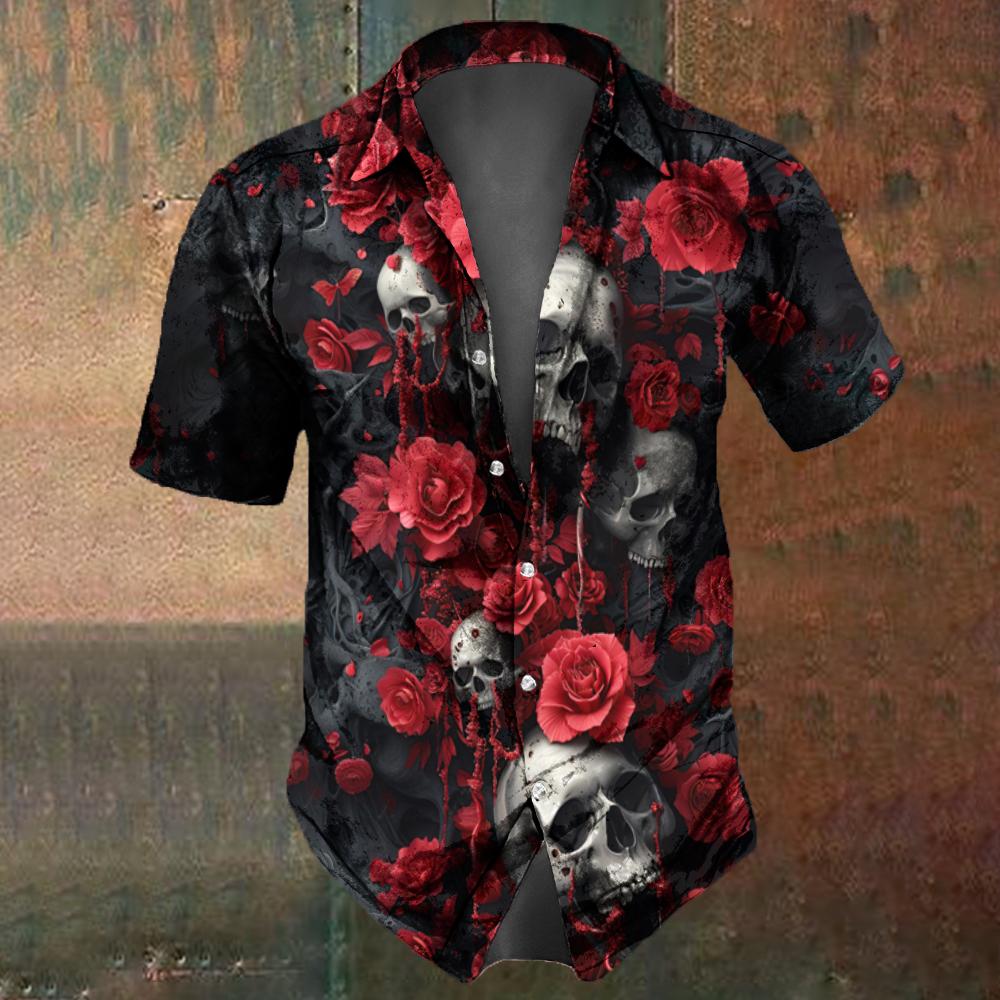 Camicia da uomo con stampa teschio e fiori Moda estiva Teschio horror retrò Street Hip-Hop Tendenza Top Camicia da uomo T-shirt oversize