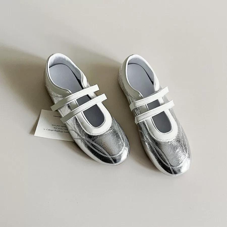 Sheepskin Version~ Korean Round Head Shallow Mouth Casual Sports Shoes Velcro Mary Jane Shoes Single Shoes Women's Flat-bottomed German Training Shoes