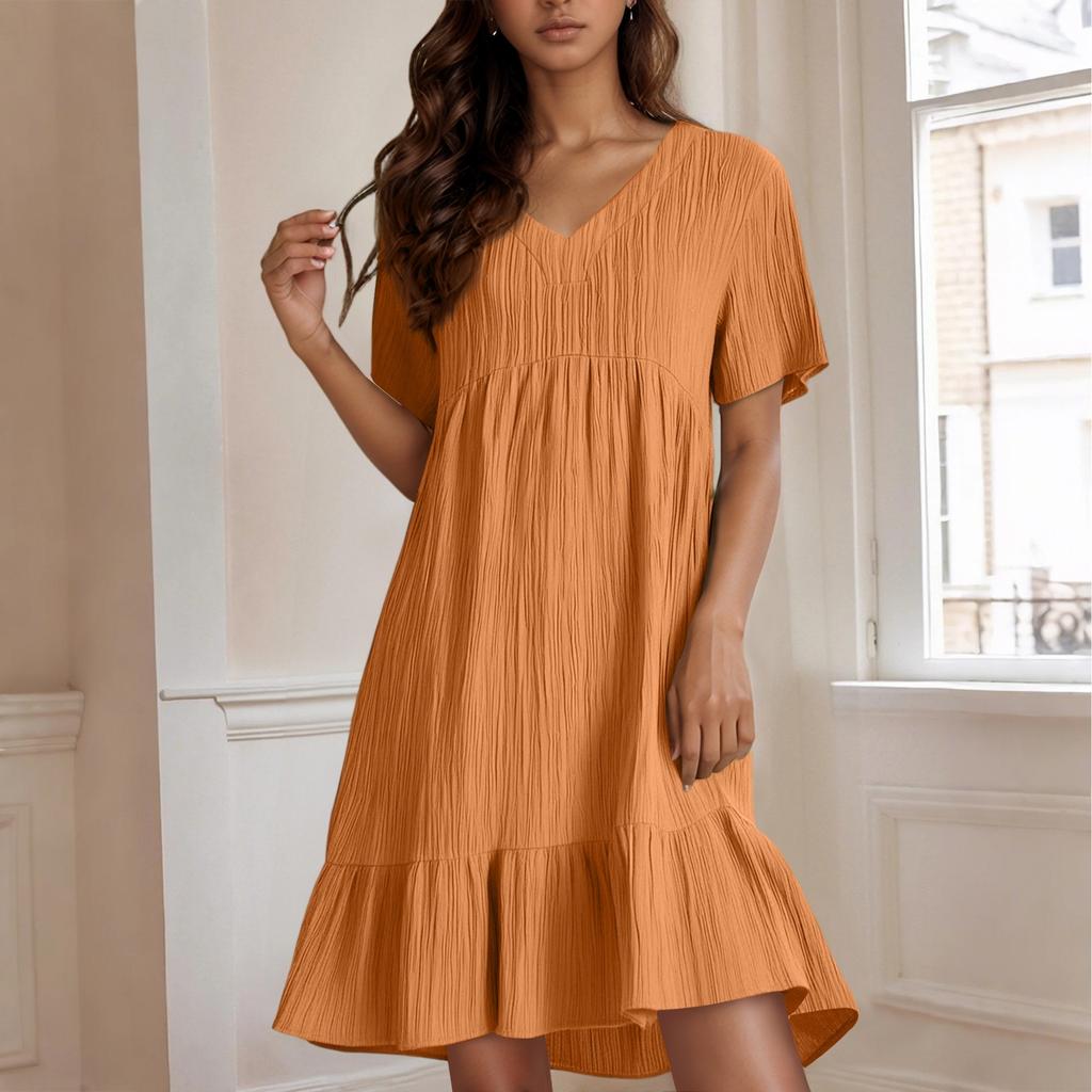 Ladies' Casual And Fashionable Solid Color Dress, Loose Short Sleeved Waist Cinched Dress