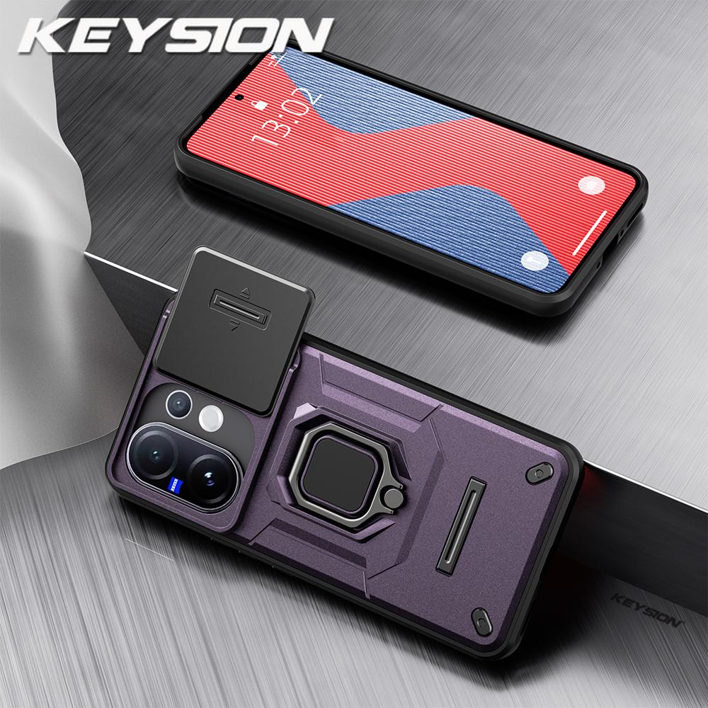 

KEYSION Slide Camera Protection Phone Case for VIVO V60 5G Silicone+PC Metal Ring Stand Shockproof Armor Back Cover for VIVO V60 for VIVO V60