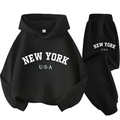 Children Hoodie Autumn Winter New York USA Letter Graphic Sweatshirt Pant Suit Baby Boy Girl Kid Sport Two Pieces Set